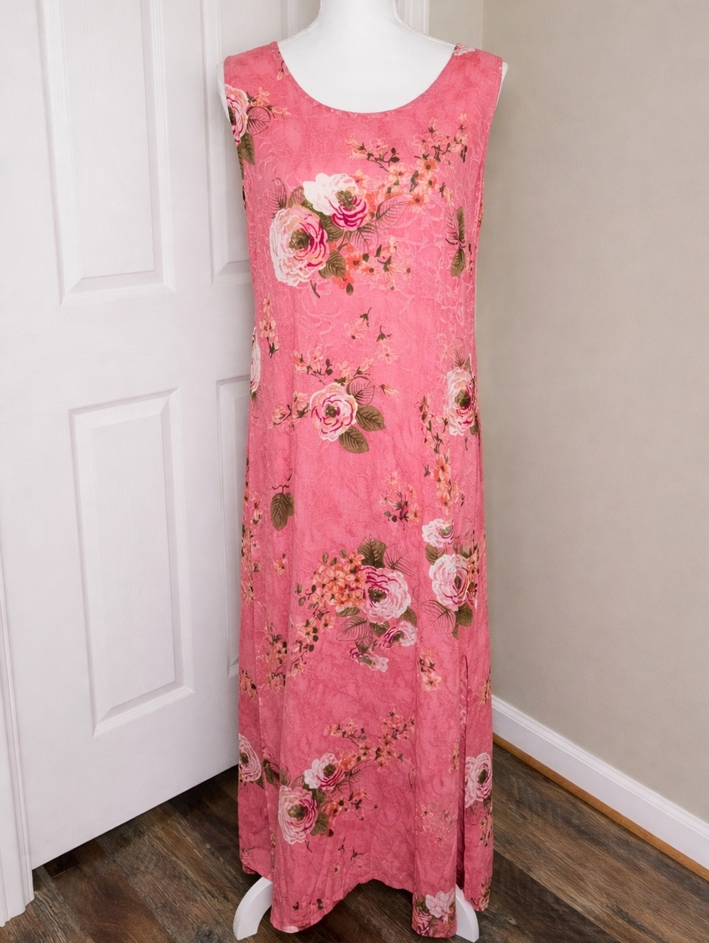Vintage 90s Y2K K Studio Pink Rose Floral Maxi Dress Sleeveless Boho Romantic